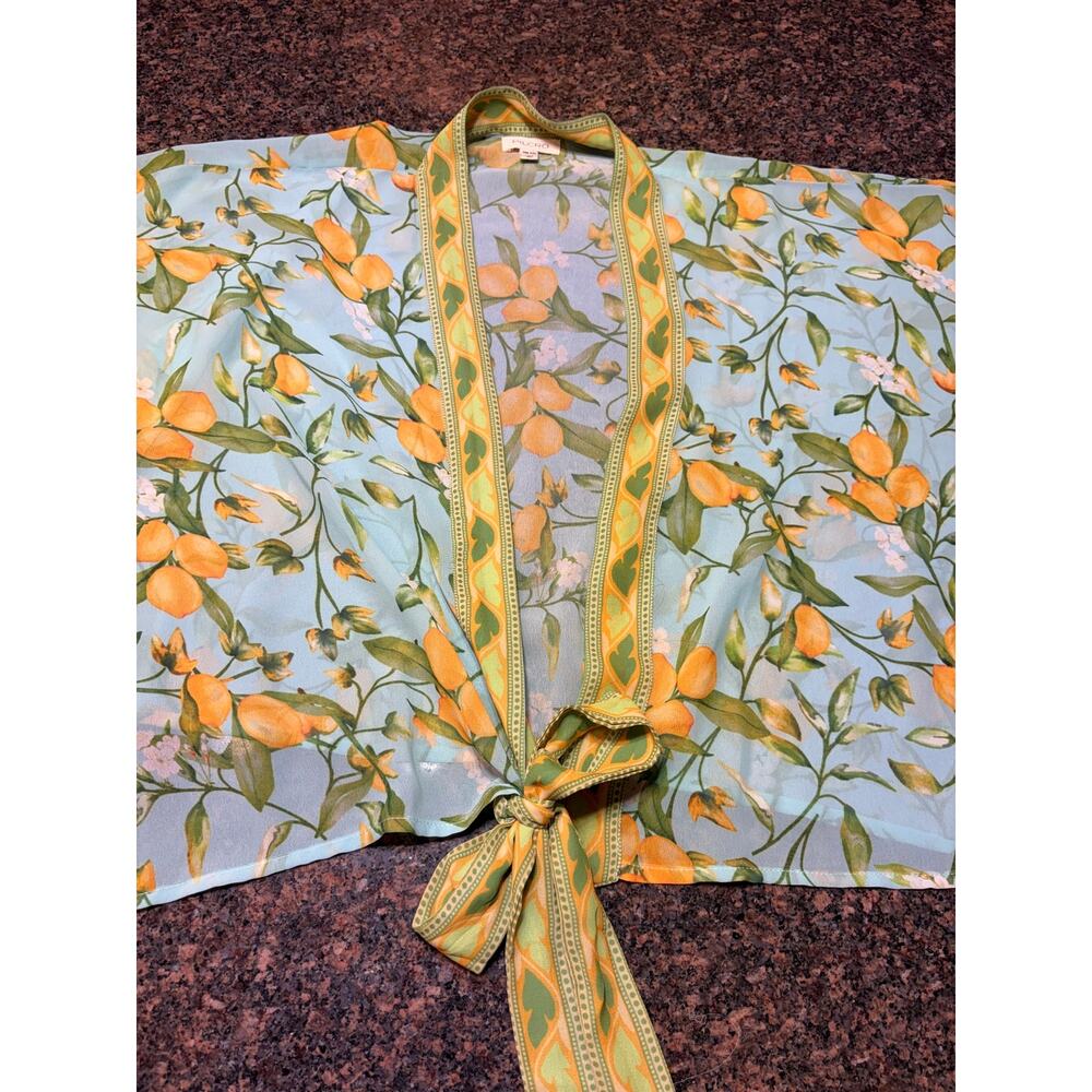 Anthropologie Pilcro Kimono Aqua Blue Lemon Print Lightweight Boho Beachy OS - Picture 5 of 15